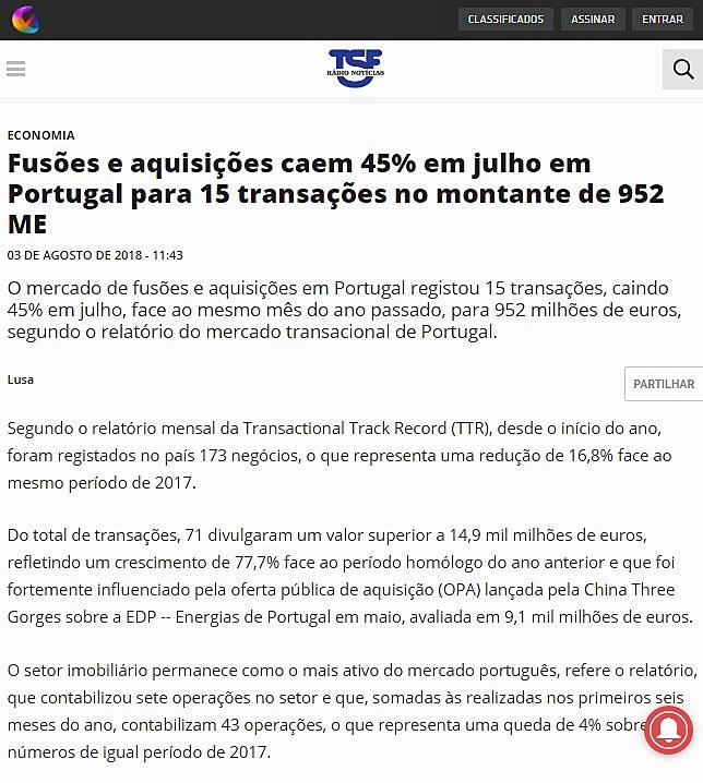 Fuses e aquisies caem 45% em julho em Portugal para 15 transaes no montante de 952 ME